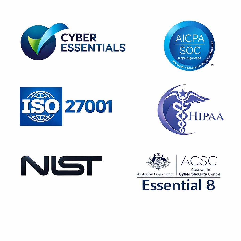 Loghi di Conformità Cyber Security: Cyber Essentials, ISO 27001, NIST, HIPAA